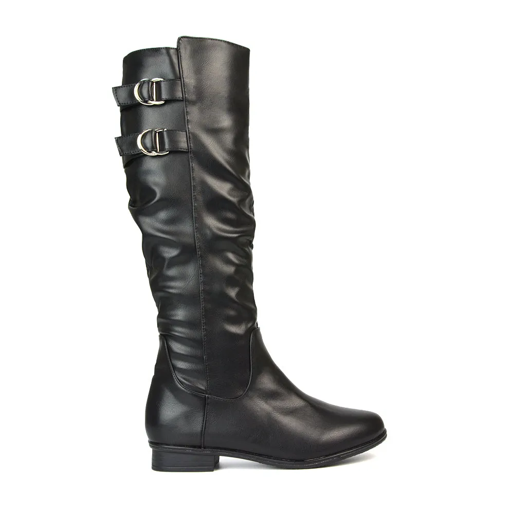 Mia Women's Slouchy Flat Heel Knee High Boots With Buckle Detail in Black Faux Suede