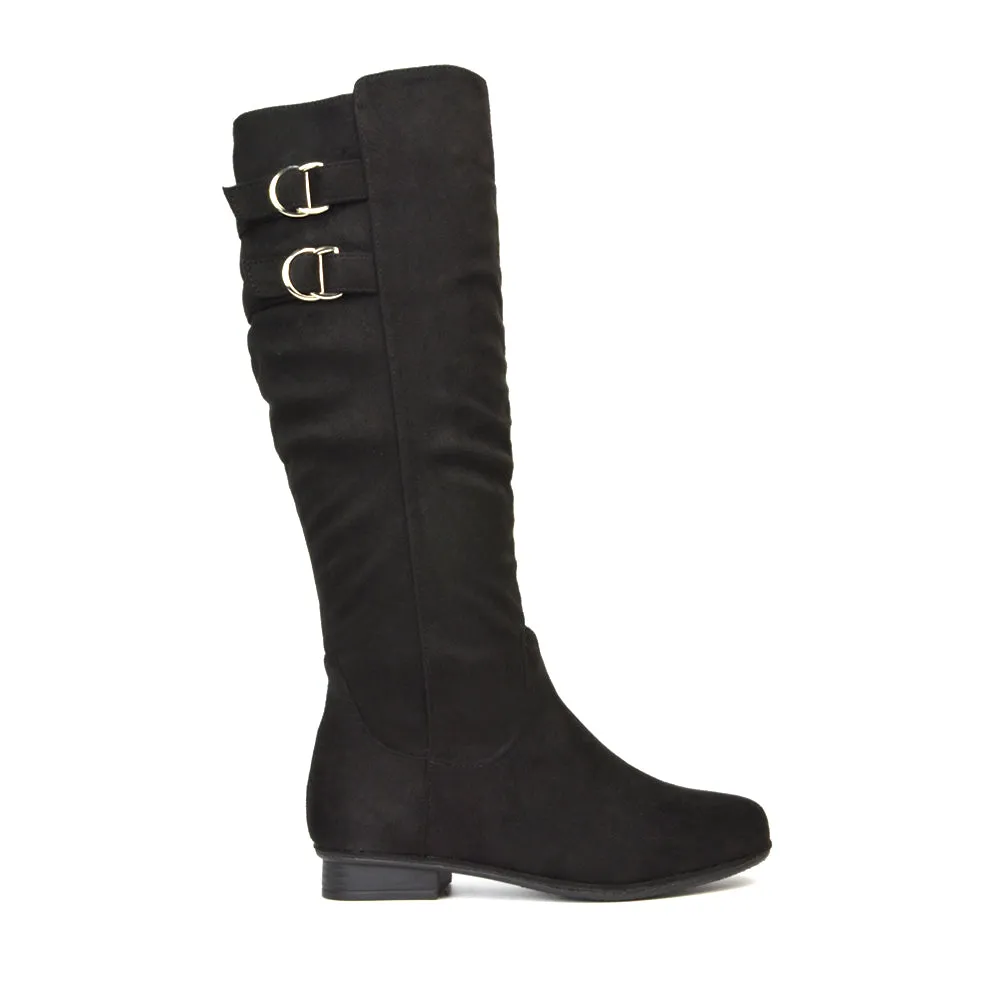 Mia Women's Slouchy Flat Heel Knee High Boots With Buckle Detail in Black Faux Suede