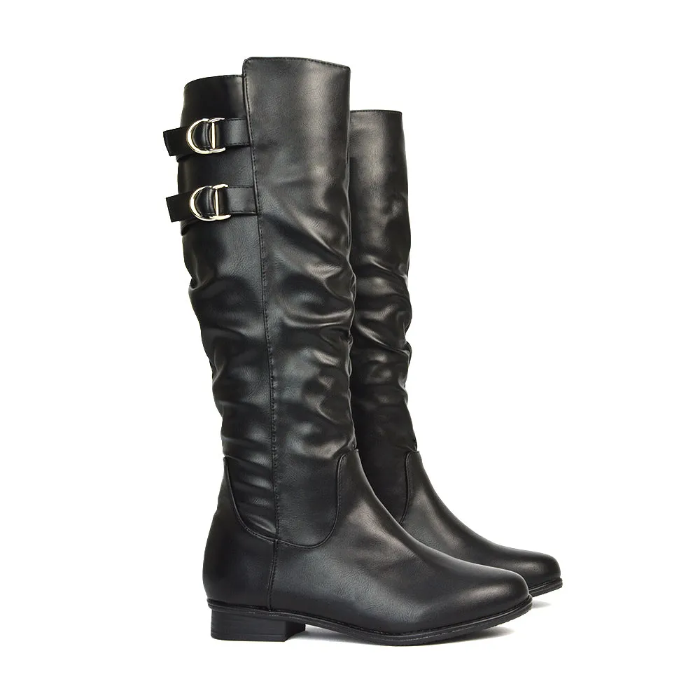 Mia Women's Slouchy Flat Heel Knee High Boots With Buckle Detail in Black Faux Suede