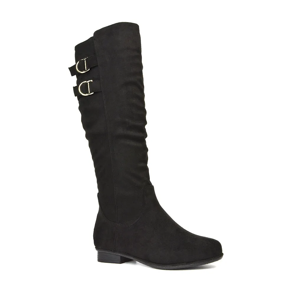 Mia Women's Slouchy Flat Heel Knee High Boots With Buckle Detail in Black Faux Suede