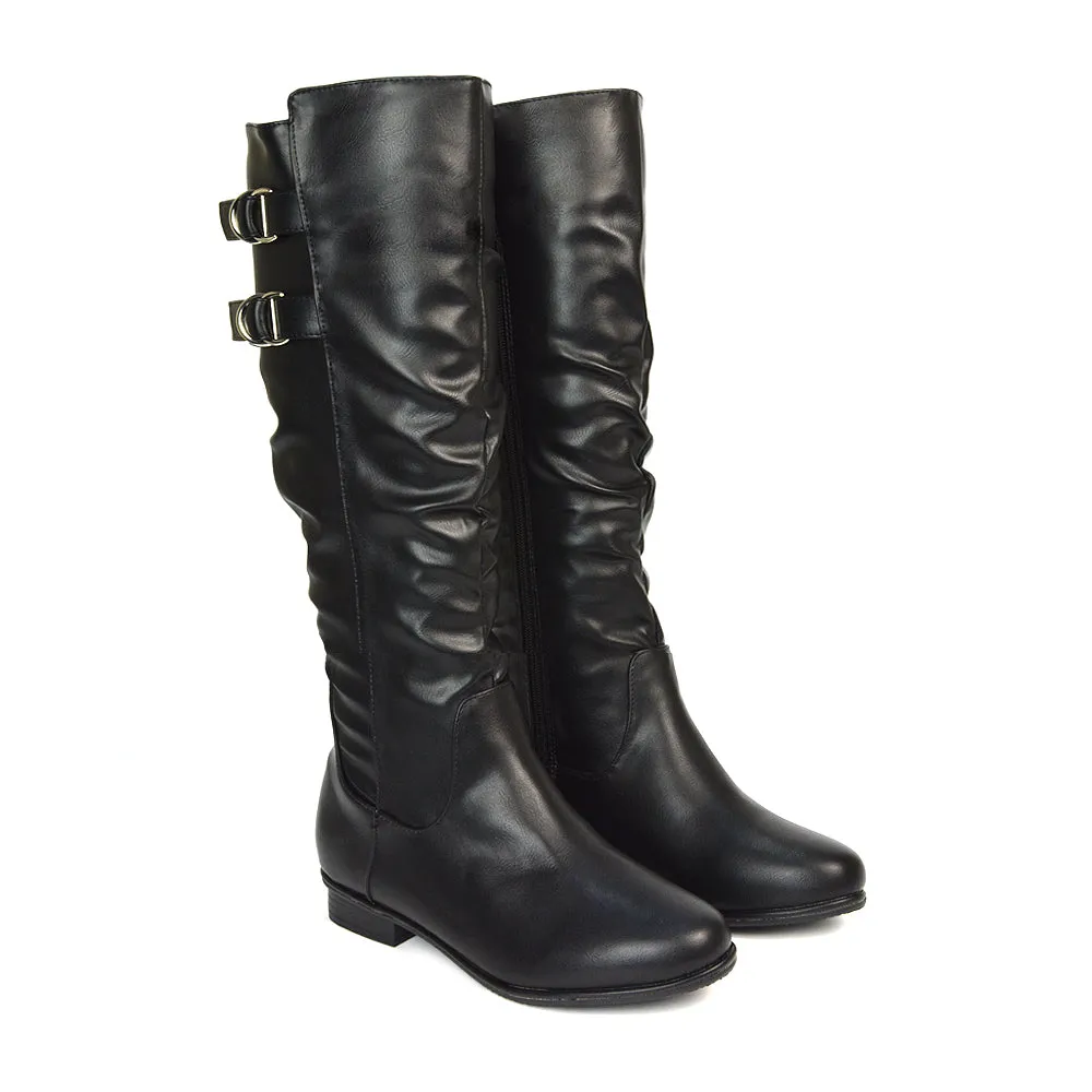 Mia Women's Slouchy Flat Heel Knee High Boots With Buckle Detail in Black Faux Suede