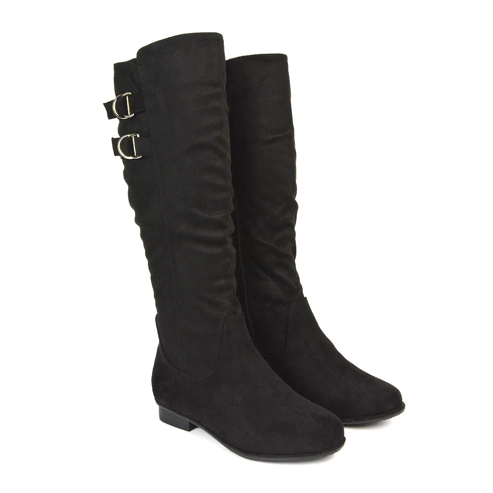 Mia Women's Slouchy Flat Heel Knee High Boots With Buckle Detail in Black Faux Suede