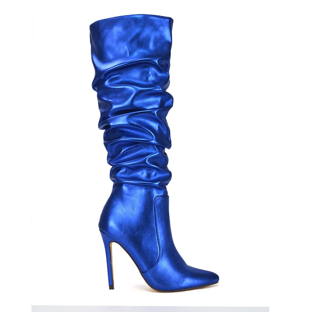 Milani Statement Ruched Pointed Toe Stiletto High Heel Knee High Boots in Black Synthetic Leather