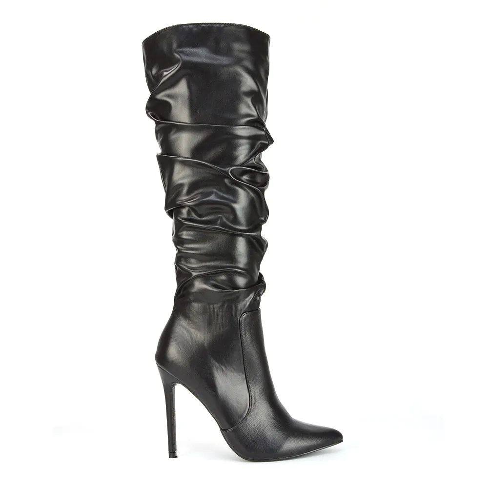 Milani Statement Ruched Pointed Toe Stiletto High Heel Knee High Boots in Black Synthetic Leather