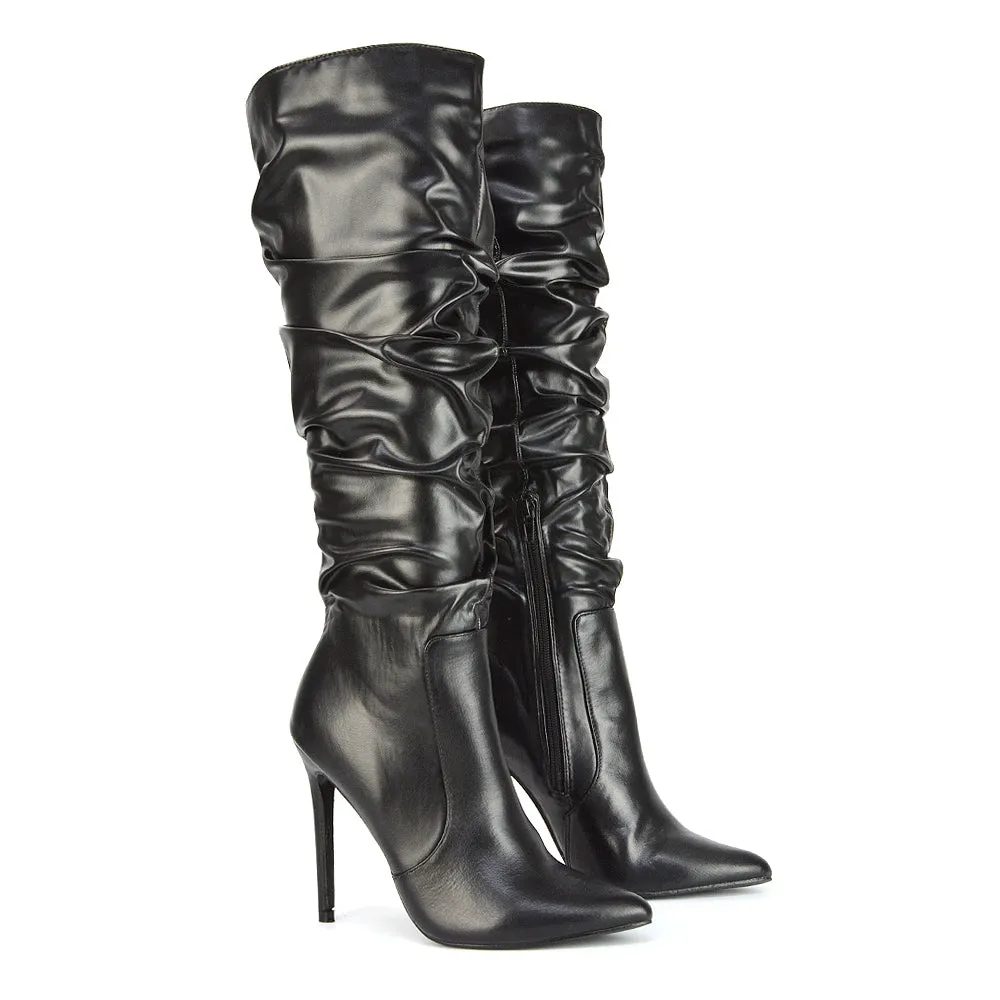 Milani Statement Ruched Pointed Toe Stiletto High Heel Knee High Boots in Black Synthetic Leather