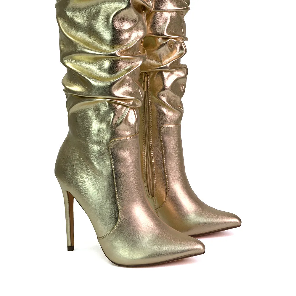 Milani Statement Ruched Pointed Toe Stiletto High Heel Knee High Boots in Black Synthetic Leather