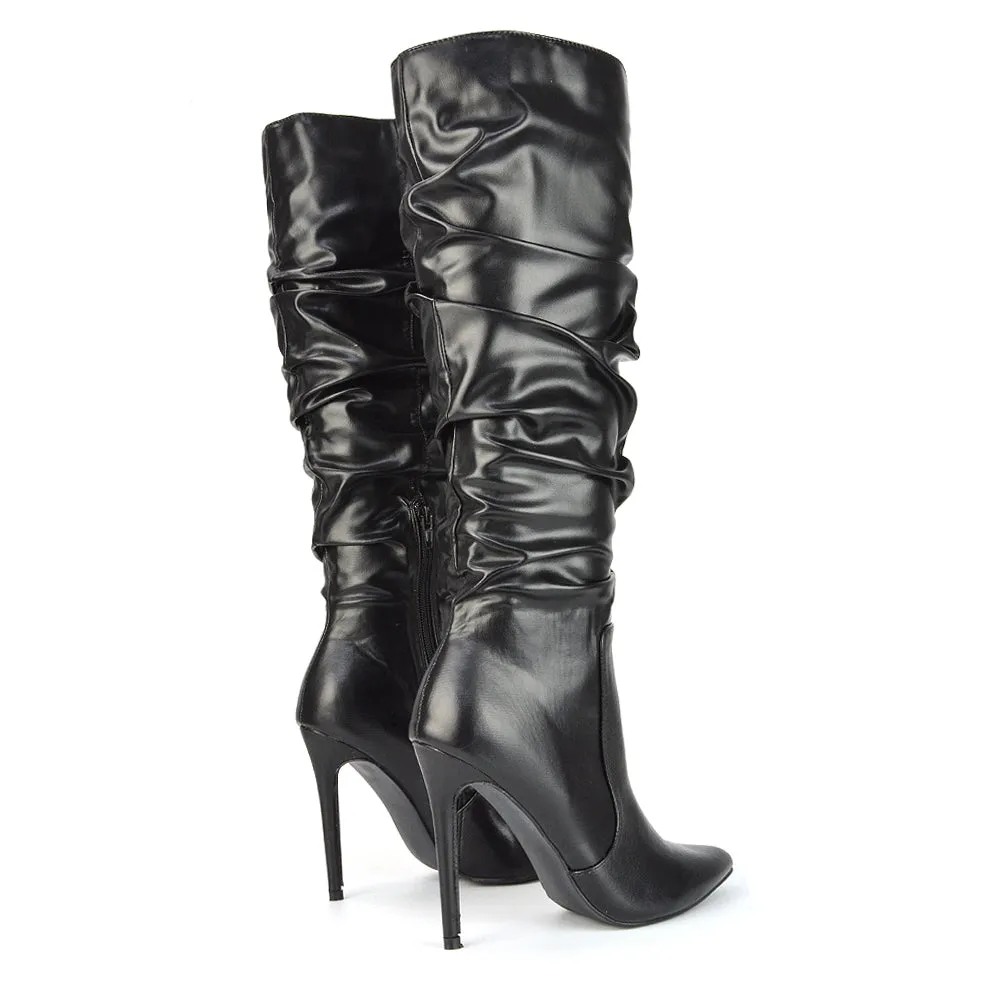 Milani Statement Ruched Pointed Toe Stiletto High Heel Knee High Boots in Black Synthetic Leather