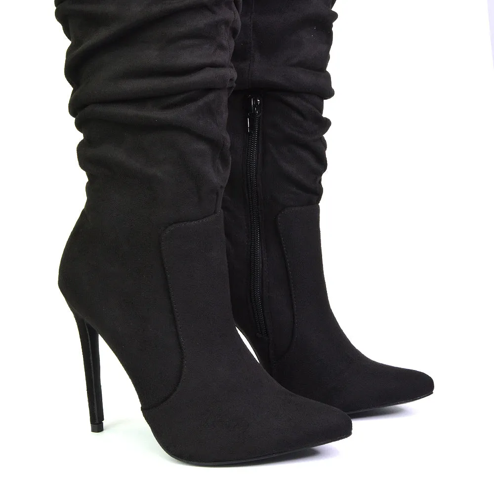 Milani Statement Ruched Pointed Toe Stiletto High Heel Knee High Boots in Black Synthetic Leather