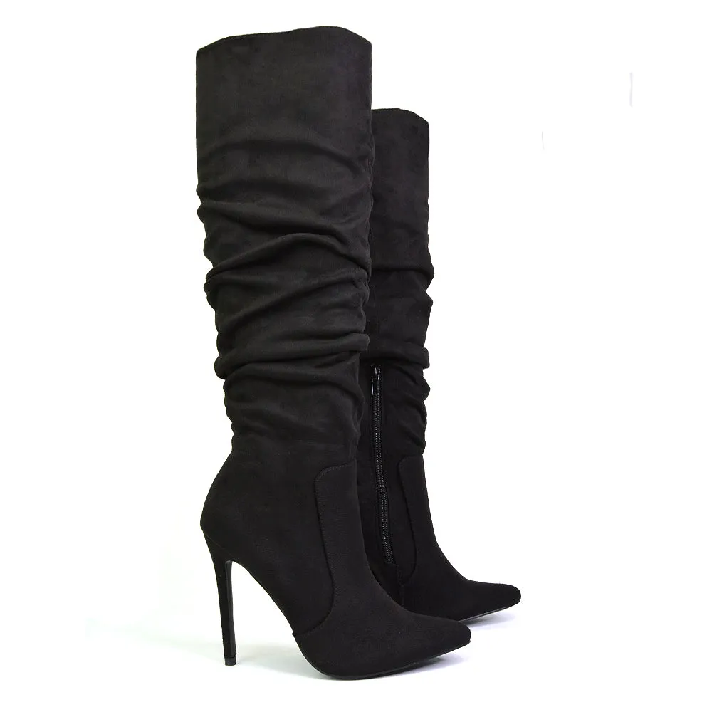 Milani Statement Ruched Pointed Toe Stiletto High Heel Knee High Boots in Black Synthetic Leather