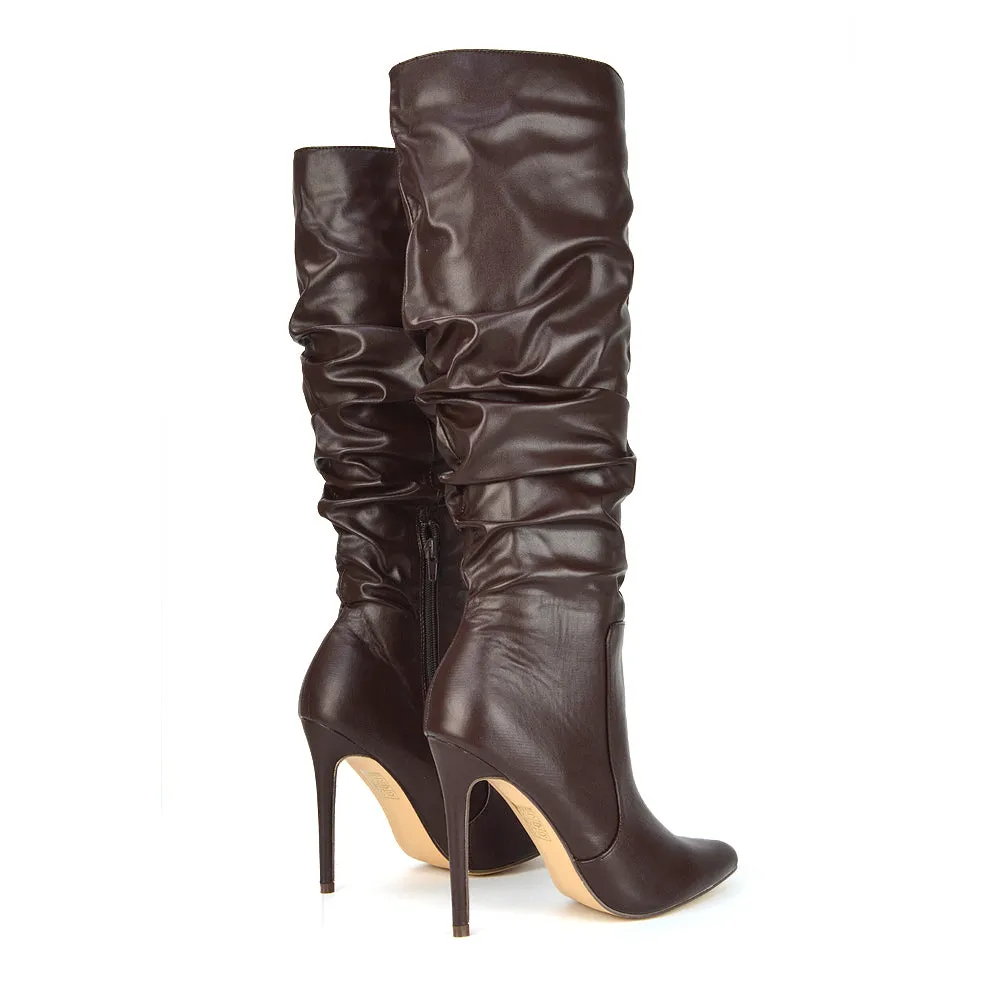 Milani Statement Ruched Pointed Toe Stiletto High Heel Knee High Boots in Black Synthetic Leather