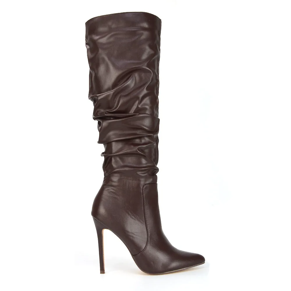 Milani Statement Ruched Pointed Toe Stiletto High Heel Knee High Boots in Black Synthetic Leather