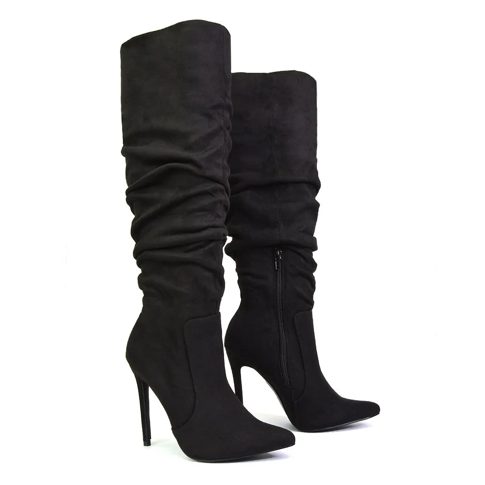 Milani Statement Ruched Pointed Toe Stiletto High Heel Knee High Boots in Black Synthetic Leather