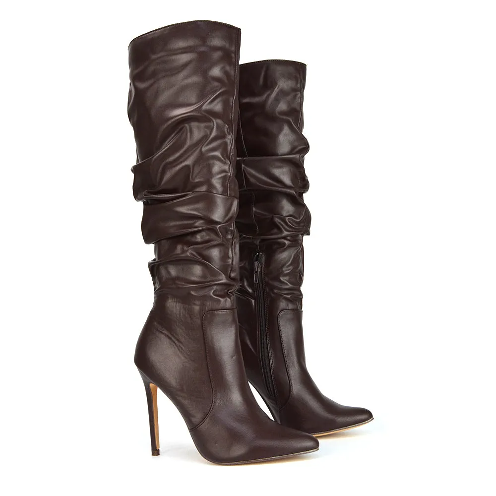 Milani Statement Ruched Pointed Toe Stiletto High Heel Knee High Boots in Black Synthetic Leather