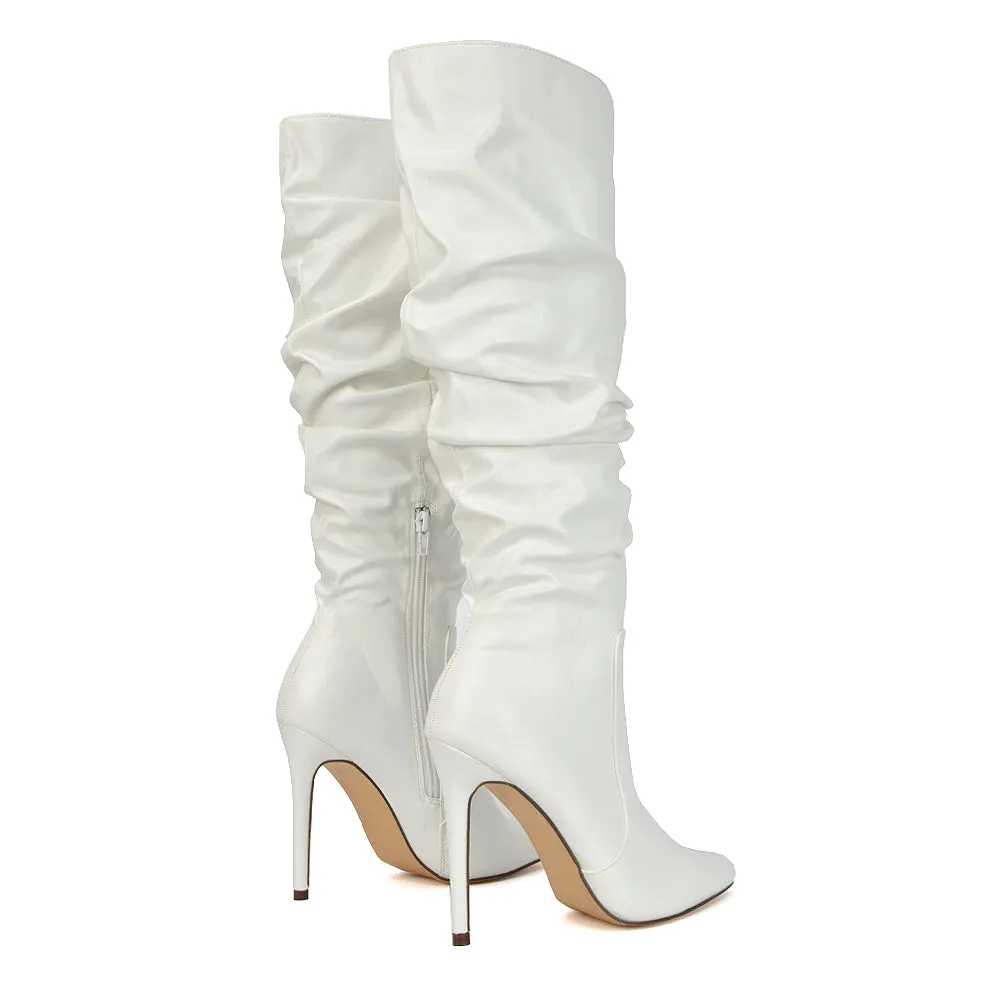 Milani Statement Ruched Pointed Toe Stiletto High Heel Knee High Boots in Black Synthetic Leather