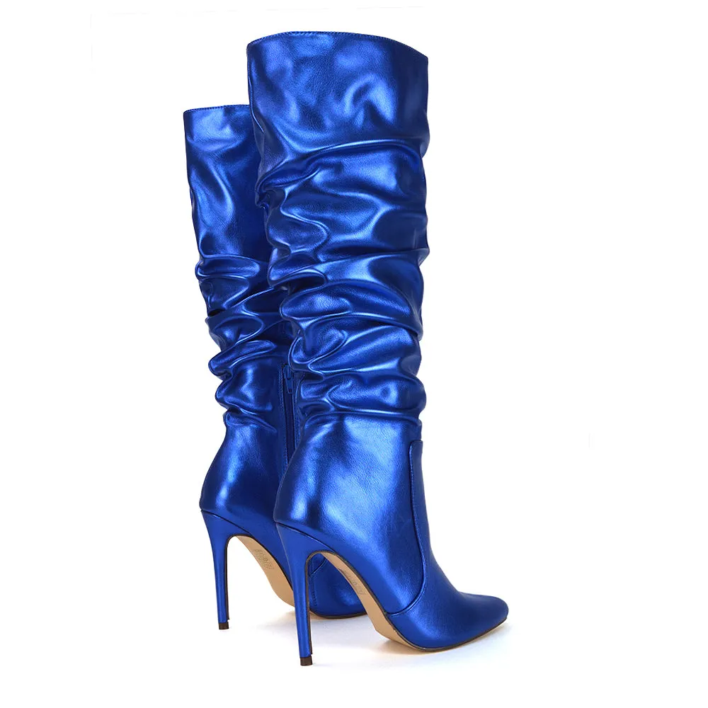 Milani Statement Ruched Pointed Toe Stiletto High Heel Knee High Boots in Black Synthetic Leather