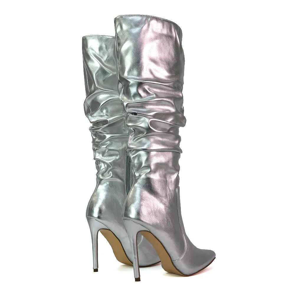 Milani Statement Ruched Pointed Toe Stiletto High Heel Knee High Boots in Black Synthetic Leather