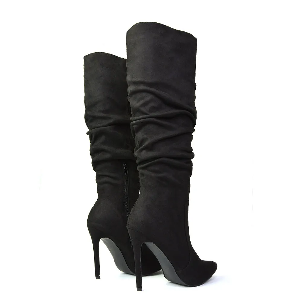 Milani Statement Ruched Pointed Toe Stiletto High Heel Knee High Boots in Black Synthetic Leather
