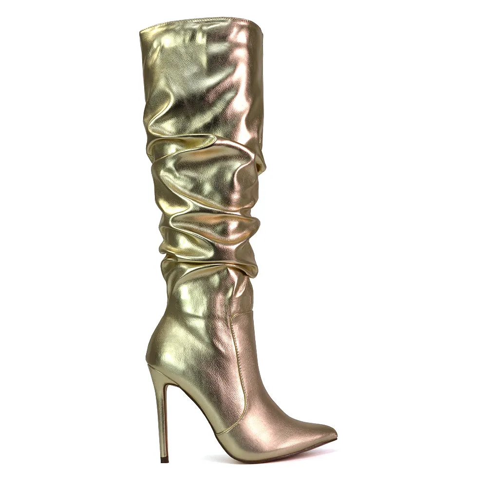 Milani Statement Ruched Pointed Toe Stiletto High Heel Knee High Boots in Black Synthetic Leather