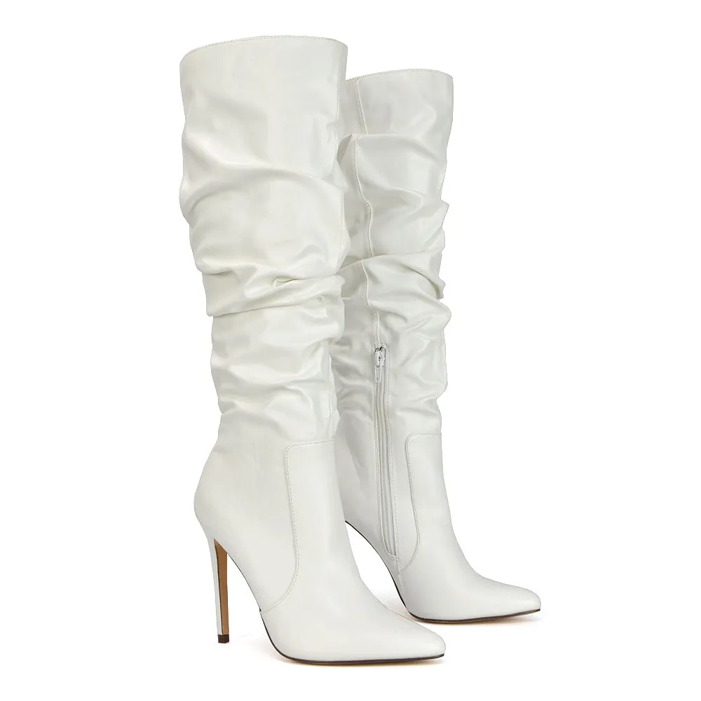 Milani Statement Ruched Pointed Toe Stiletto High Heel Knee High Boots in Black Synthetic Leather