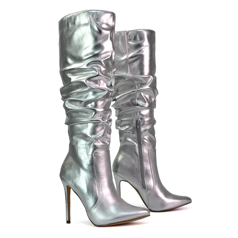 Milani Statement Ruched Pointed Toe Stiletto High Heel Knee High Boots in Black Synthetic Leather