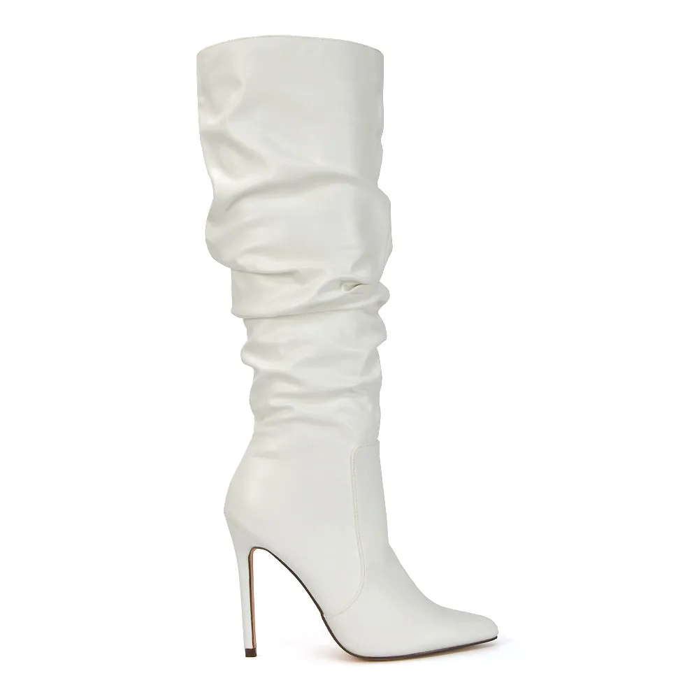 Milani Statement Ruched Pointed Toe Stiletto High Heel Knee High Boots in Black Synthetic Leather