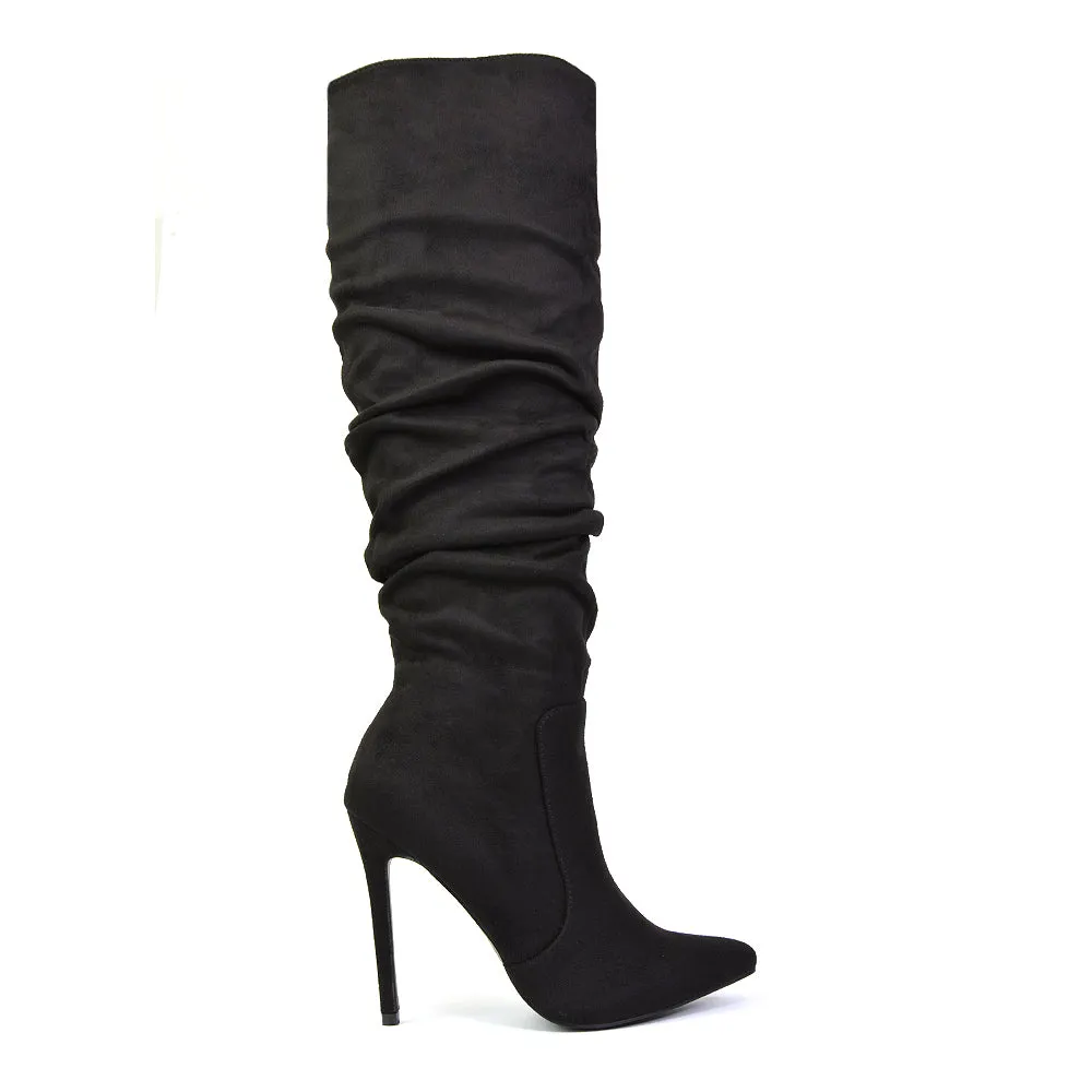 Milani Statement Ruched Pointed Toe Stiletto High Heel Knee High Boots in Black Synthetic Leather