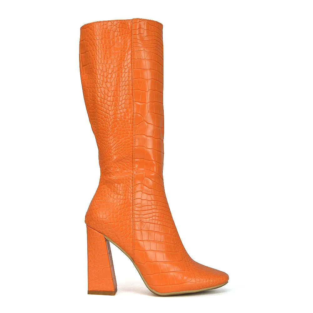 Mina Croc Print Pointed Toe Knee High Mid-Calf Block Heeled Long Boots in Green