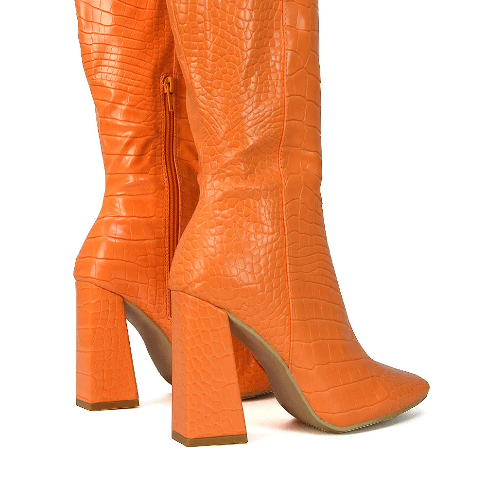 Mina Croc Print Pointed Toe Knee High Mid-Calf Block Heeled Long Boots in Green