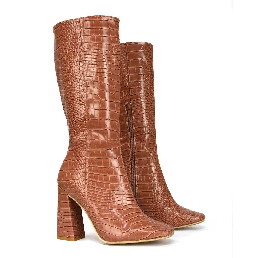 Mina Croc Print Pointed Toe Knee High Mid-Calf Block Heeled Long Boots in Green