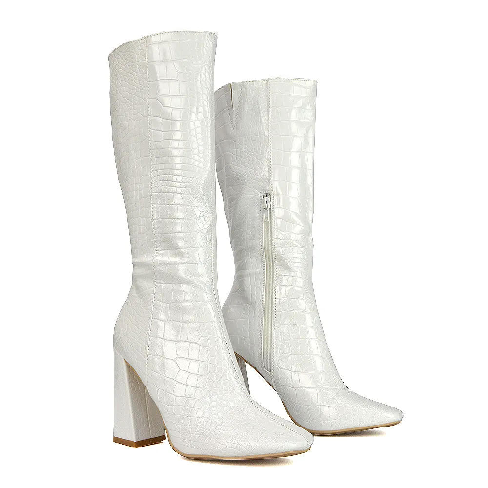 Mina Croc Print Pointed Toe Knee High Mid-Calf Block Heeled Long Boots in Green