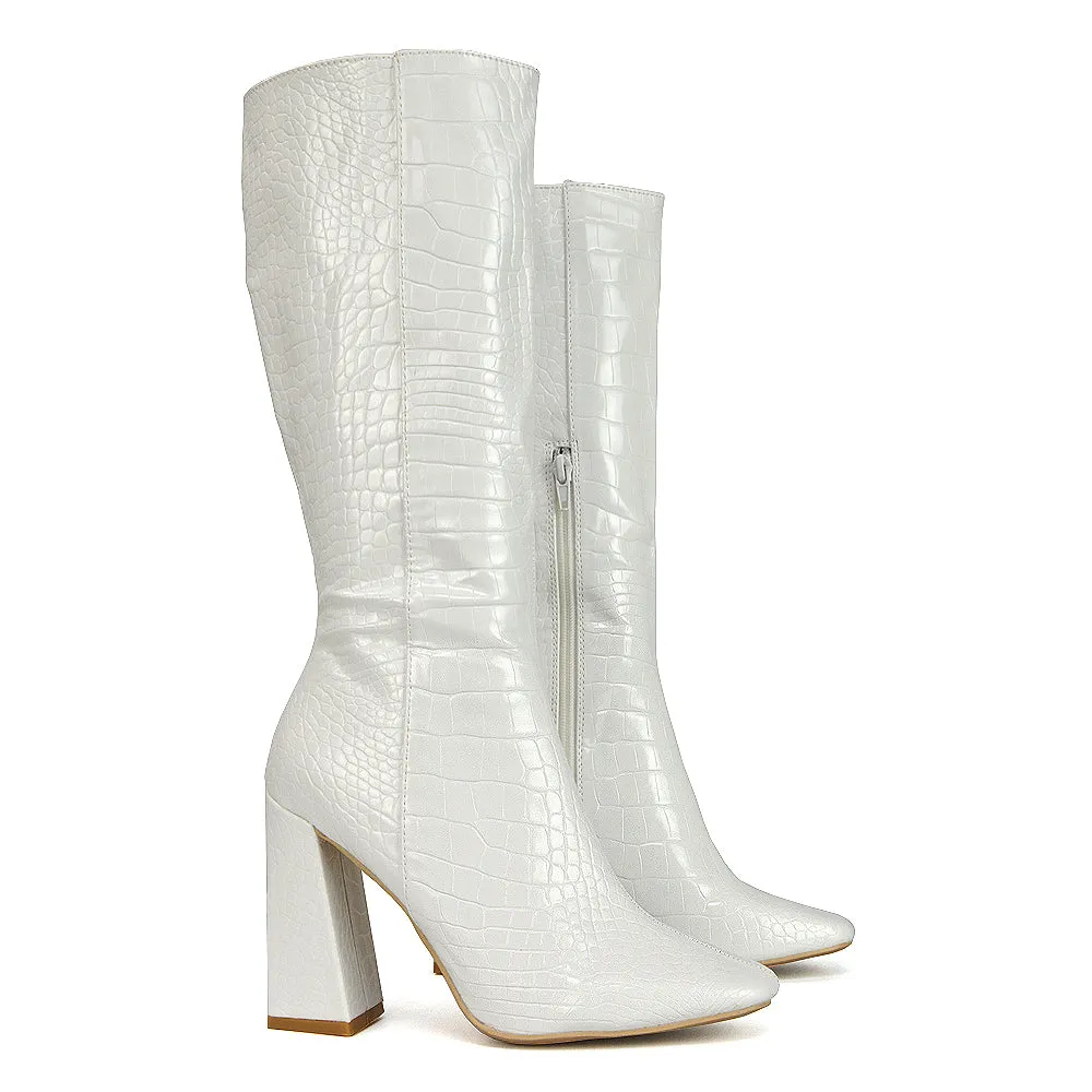 Mina Croc Print Pointed Toe Knee High Mid-Calf Block Heeled Long Boots in Green