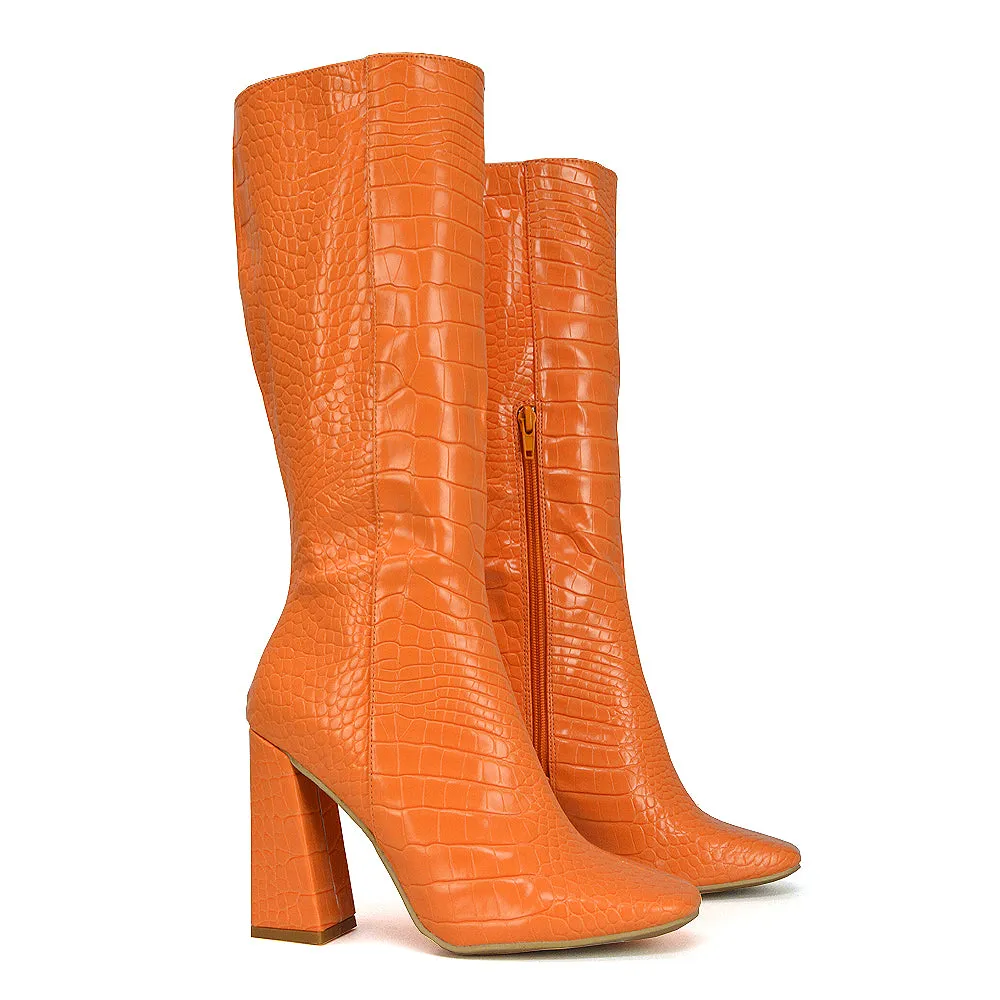 Mina Croc Print Pointed Toe Knee High Mid-Calf Block Heeled Long Boots in Green