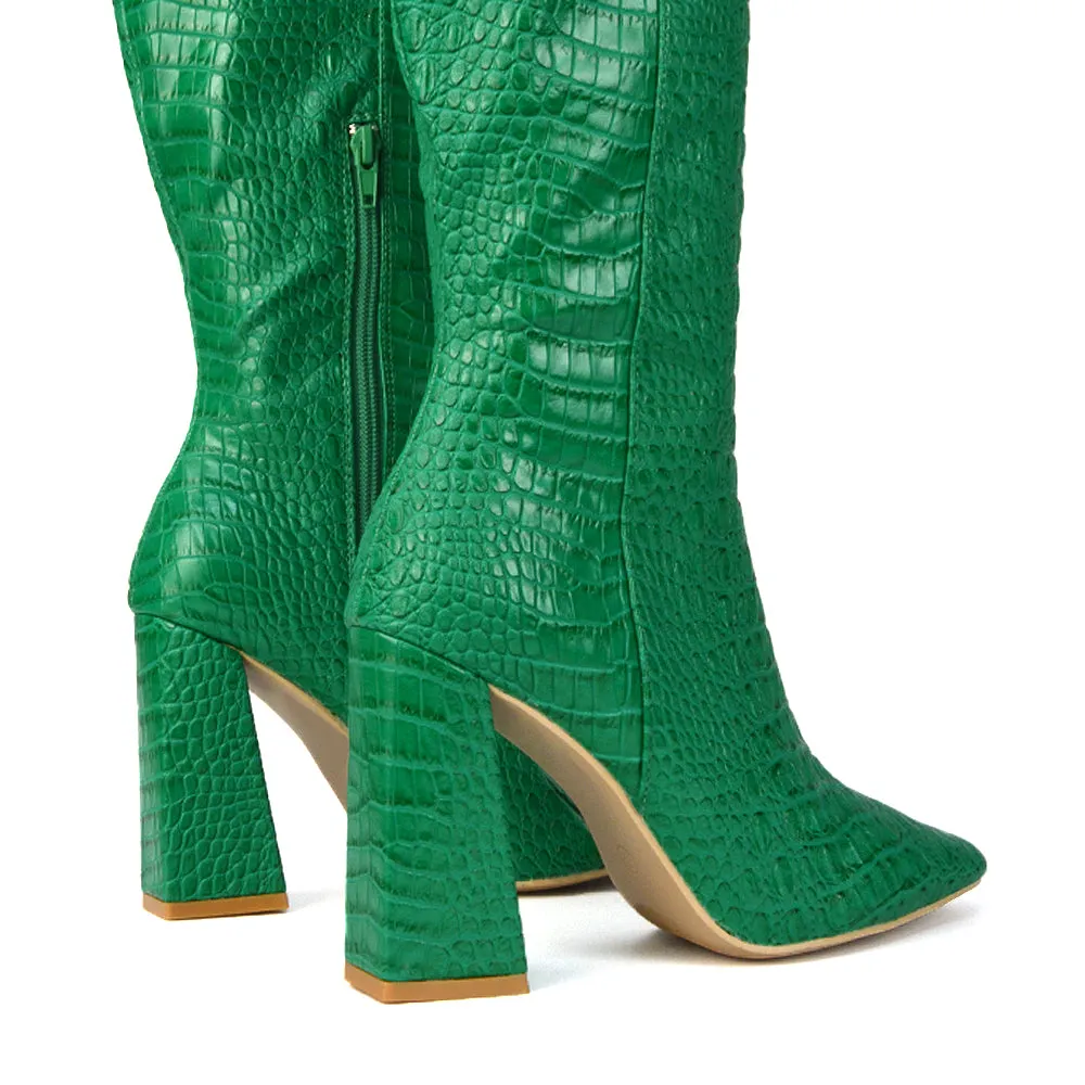 Mina Croc Print Pointed Toe Knee High Mid-Calf Block Heeled Long Boots in Green
