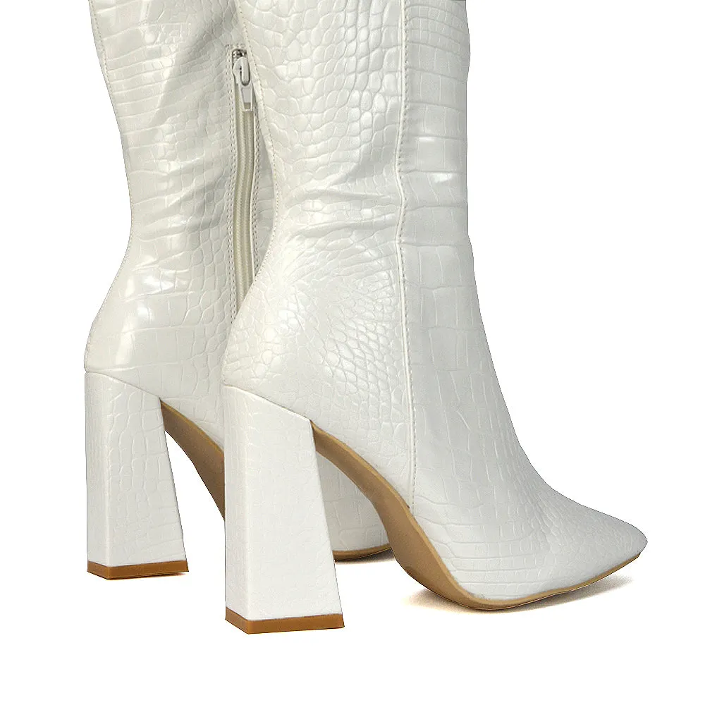 Mina Croc Print Pointed Toe Knee High Mid-Calf Block Heeled Long Boots in Green