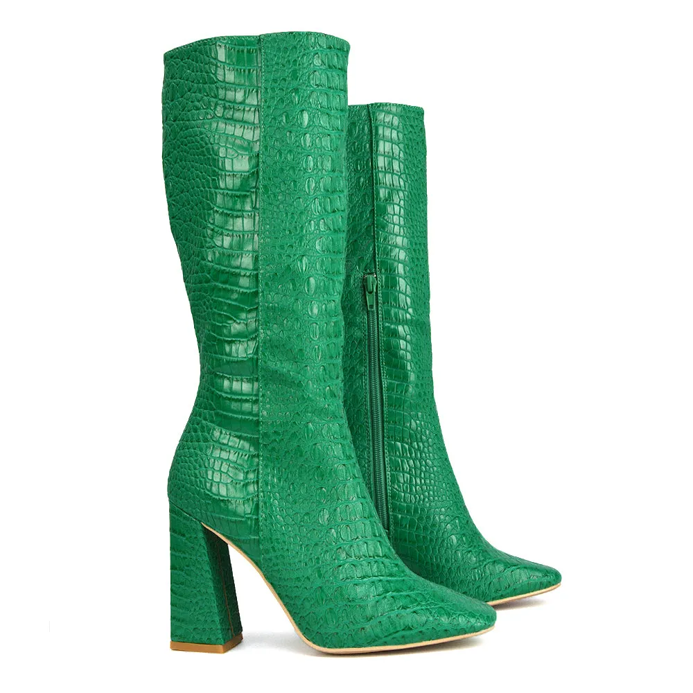 Mina Croc Print Pointed Toe Knee High Mid-Calf Block Heeled Long Boots in Green