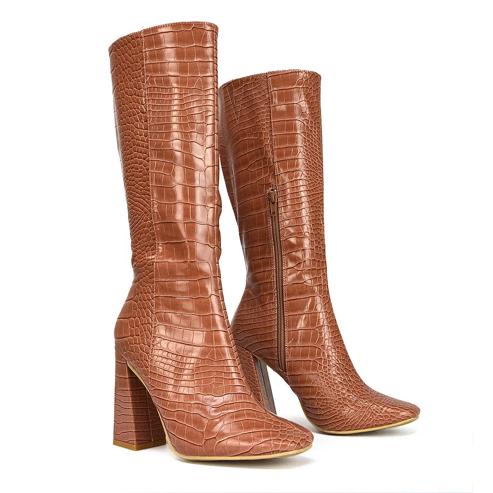 Mina Croc Print Pointed Toe Knee High Mid-Calf Block Heeled Long Boots in Green