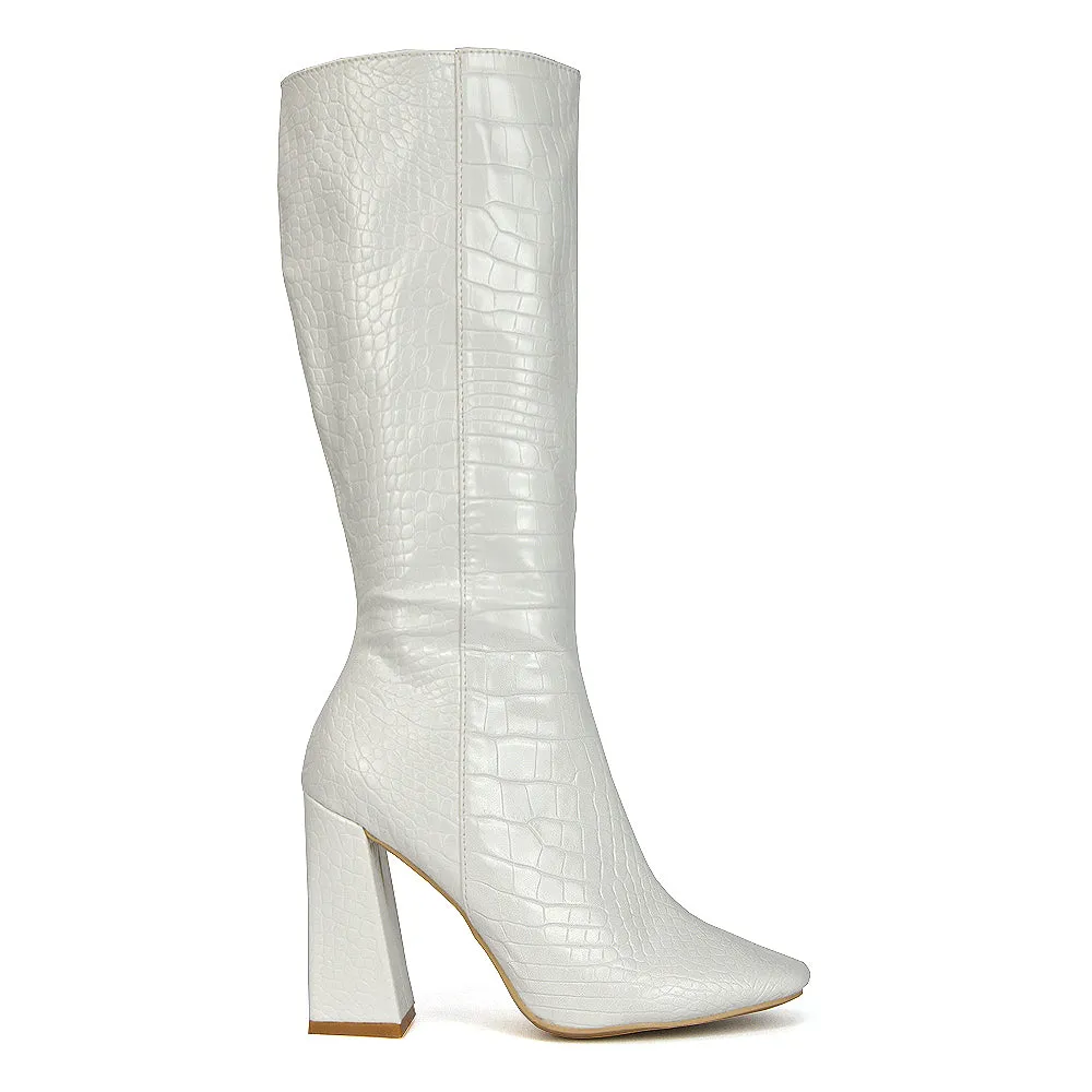 Mina Croc Print Pointed Toe Knee High Mid-Calf Block Heeled Long Boots in Green