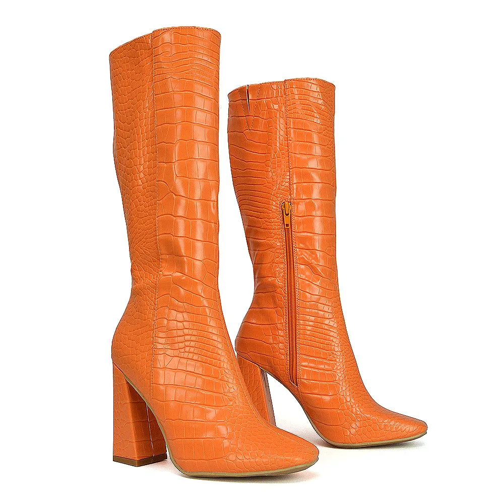 Mina Croc Print Pointed Toe Knee High Mid-Calf Block Heeled Long Boots in Green