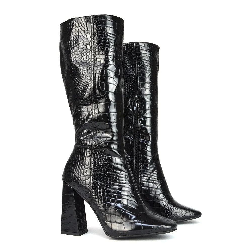 Mina Croc Print Pointed Toe Knee High Mid-Calf Block Heeled Long Boots in Green