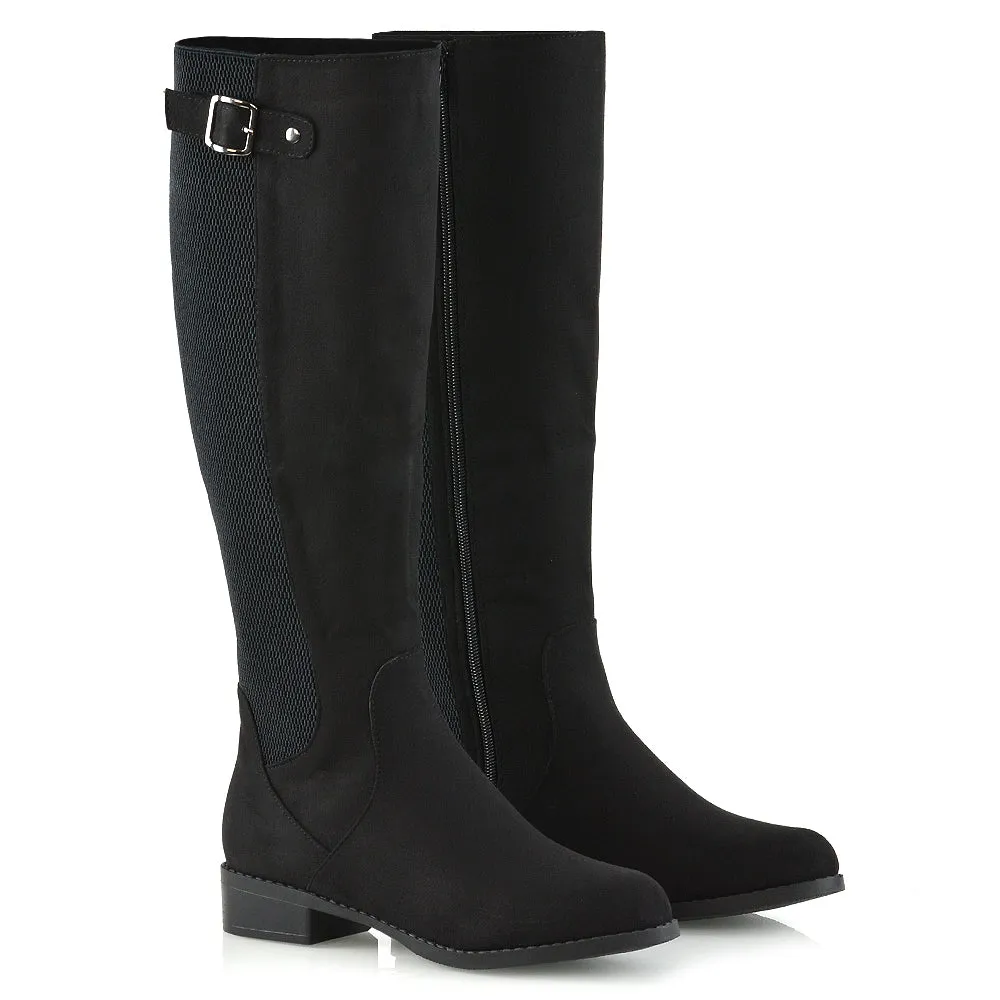 Molly Knee High Stretch Calf Flat Low Heel Zip Up Long Boots in Black Synthetic Leather