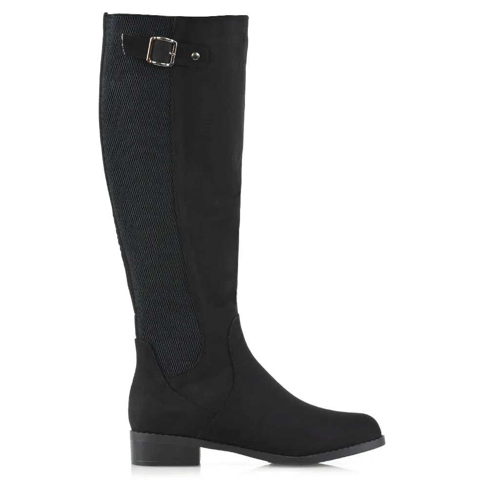 Molly Knee High Stretch Calf Flat Low Heel Zip Up Long Boots in Black Synthetic Leather