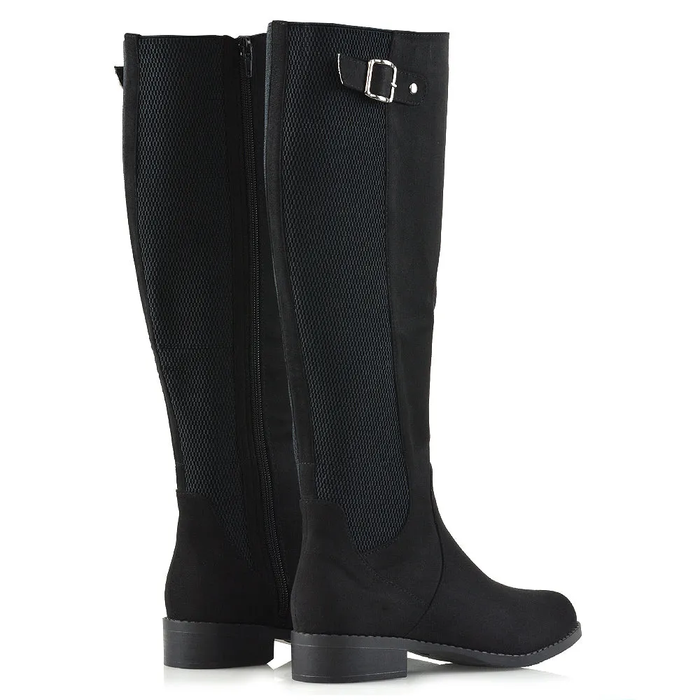 Molly Knee High Stretch Calf Flat Low Heel Zip Up Long Boots in Black Synthetic Leather
