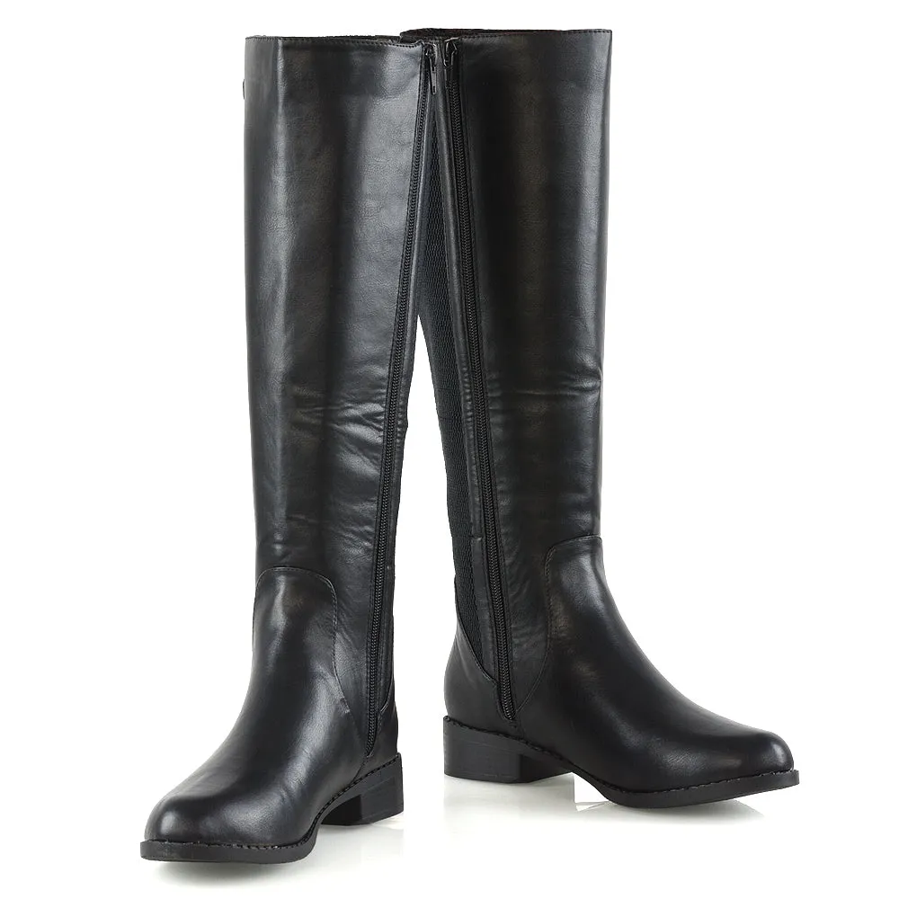 Molly Knee High Stretch Calf Flat Low Heel Zip Up Long Boots in Black Synthetic Leather