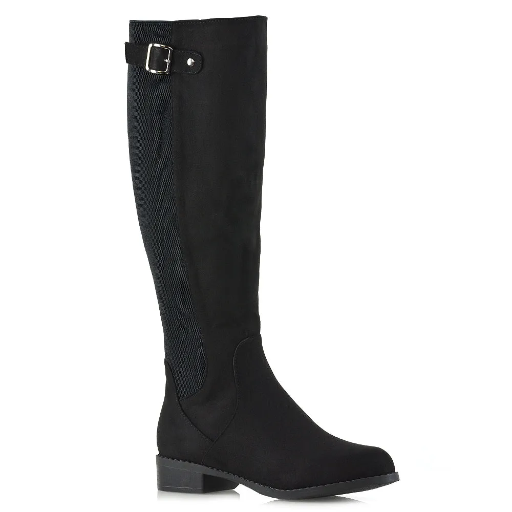 Molly Knee High Stretch Calf Flat Low Heel Zip Up Long Boots in Black Synthetic Leather