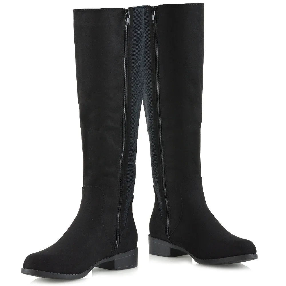 Molly Knee High Stretch Calf Flat Low Heel Zip Up Long Boots in Black Synthetic Leather