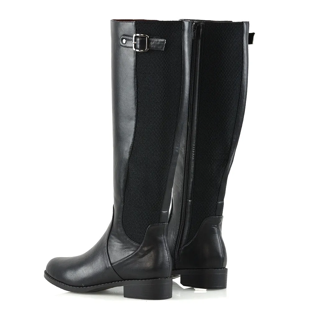 Molly Knee High Stretch Calf Flat Low Heel Zip Up Long Boots in Black Synthetic Leather