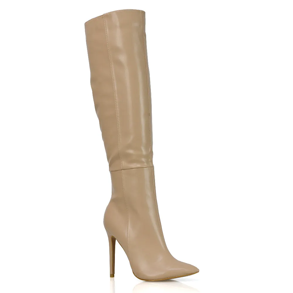Nora Pointed Toe Zip Fastening Knee High Stiletto Heel Long Boots in Black PU