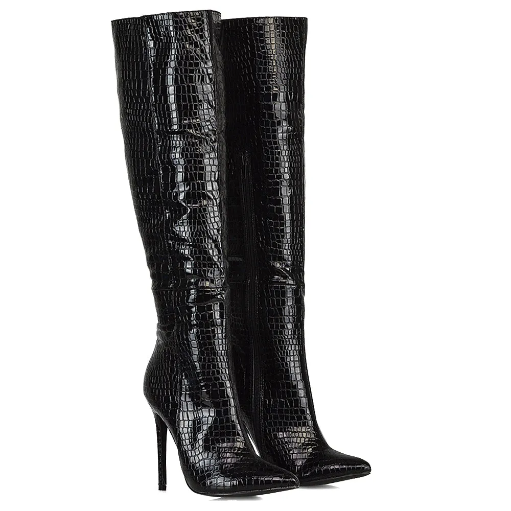 Nora Pointed Toe Zip Fastening Knee High Stiletto Heel Long Boots in Black PU