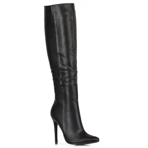Nora Pointed Toe Zip Fastening Knee High Stiletto Heel Long Boots in Black PU