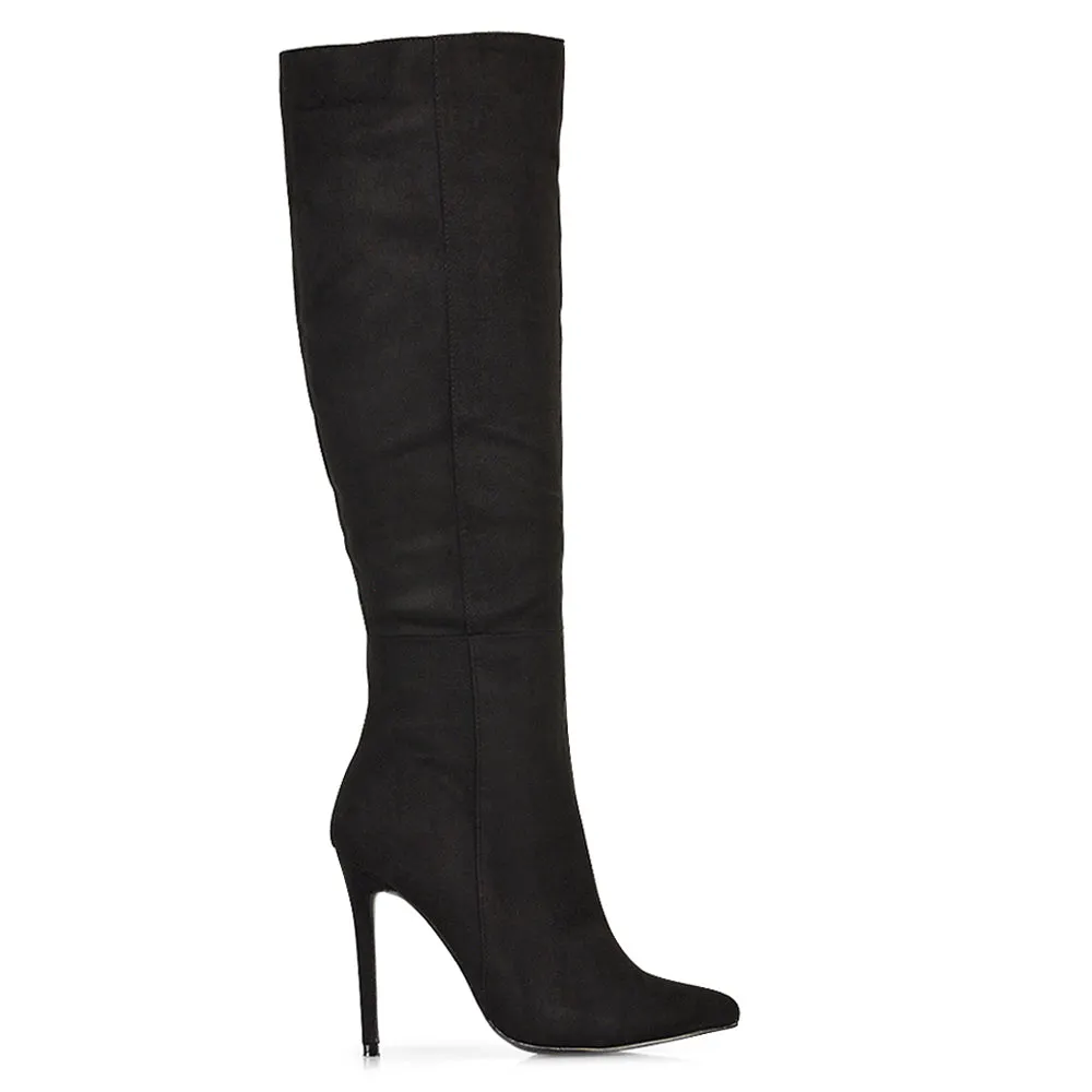 Nora Pointed Toe Zip Fastening Knee High Stiletto Heel Long Boots in Black PU